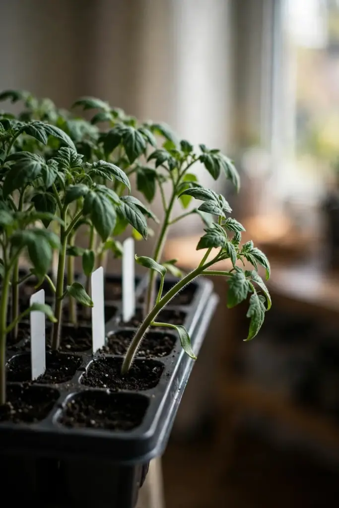 Tray of sturdy tomato seedlings with blank labels and sterile mix.
