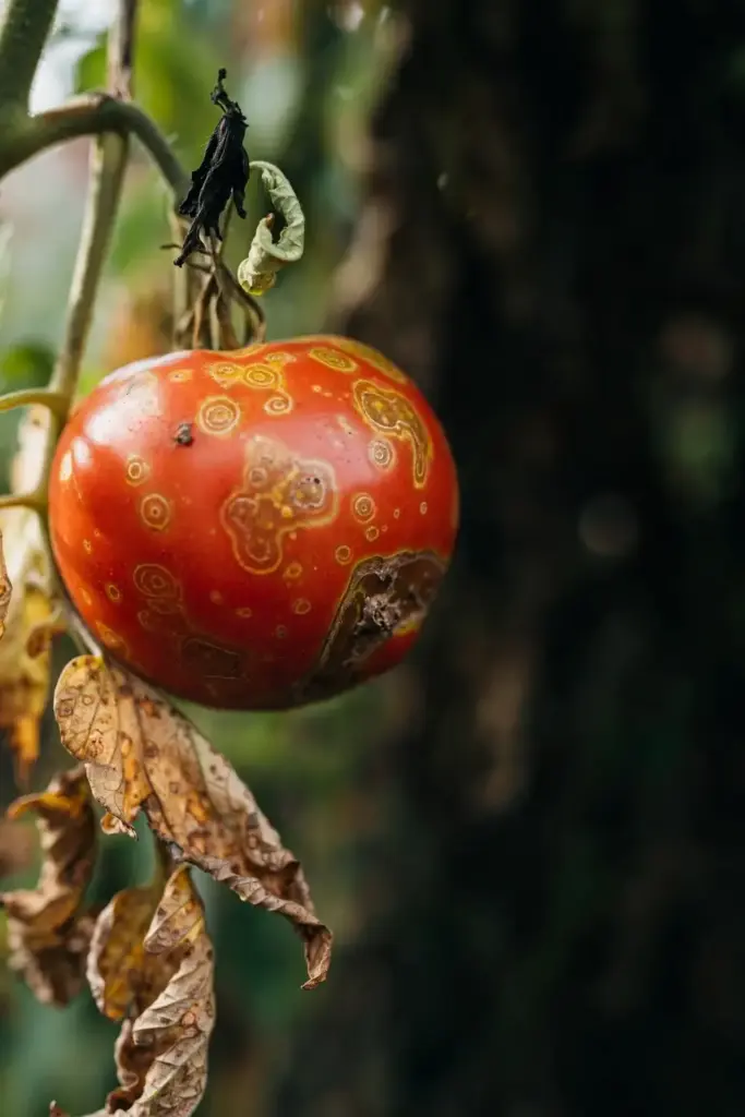 Tomato fruit with yellow ringspots and sunken brown patches.