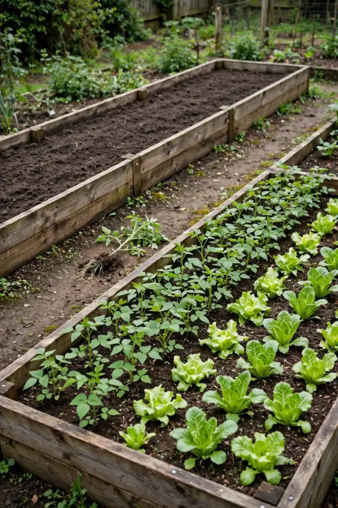 Garden beds in rotation with beans and lettuce where tomatoes grew before.