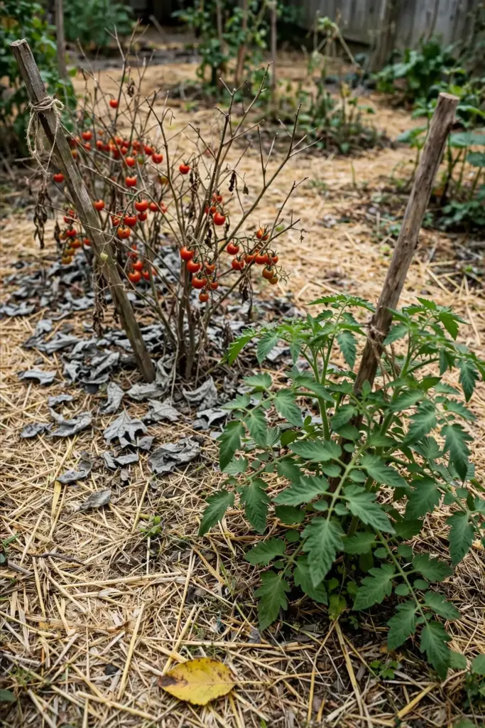 Tomato row with a defoliated cherry plant beside a still-green slicing plant.