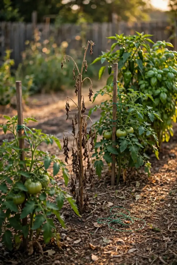 Row of tomato plants with one heirloom stripped bare by septoria leaf spot.