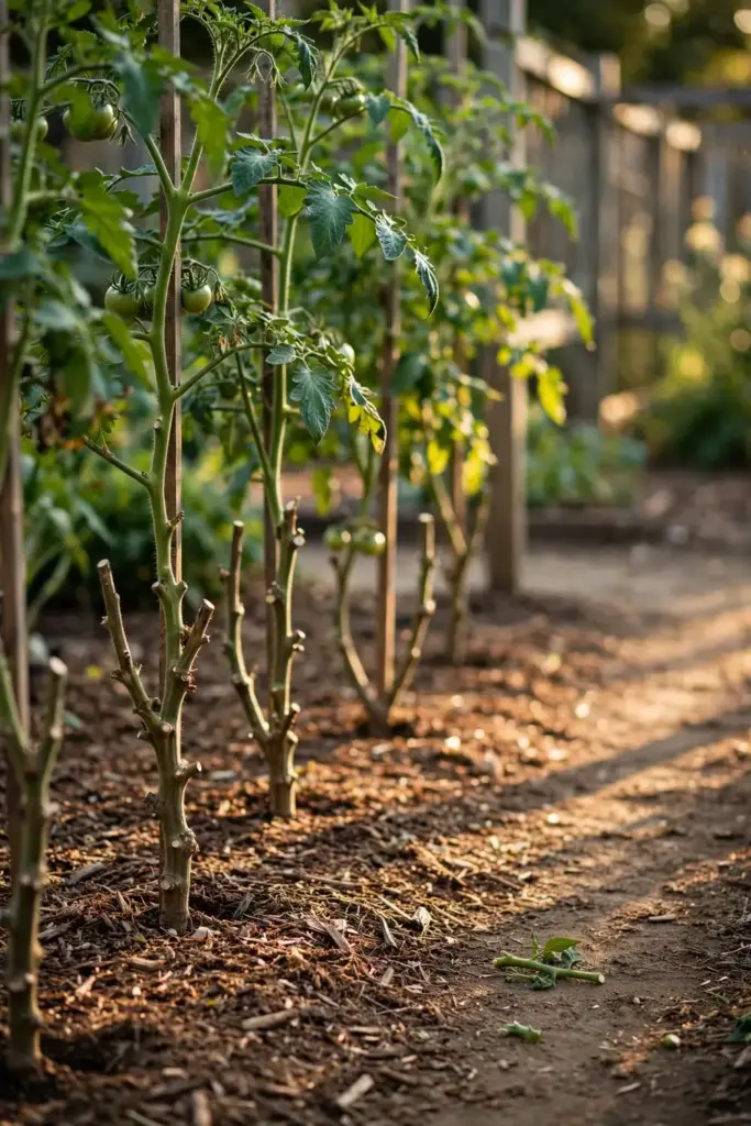 Spaced staked tomato plants with pruned lower stems and air gaps.