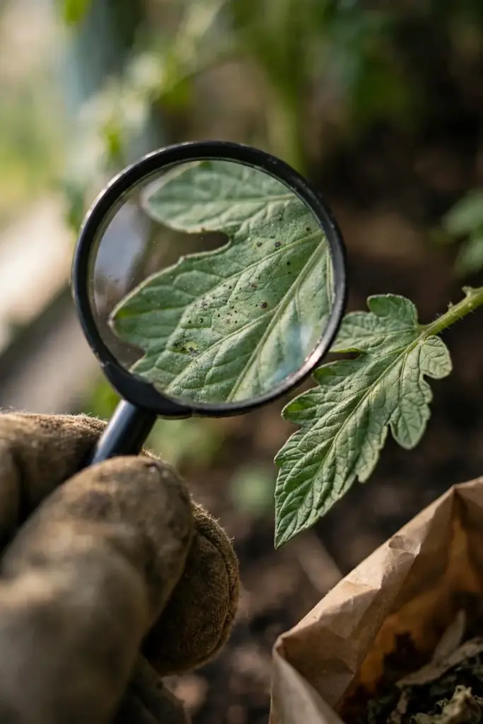 Magnifying glass scouting a tomato leaf for fresh septoria spots.