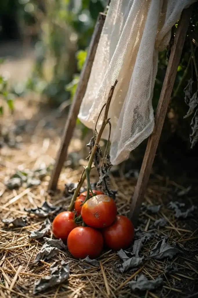 Light shade cloth on stakes over exposed tomatoes on a defoliated plant.