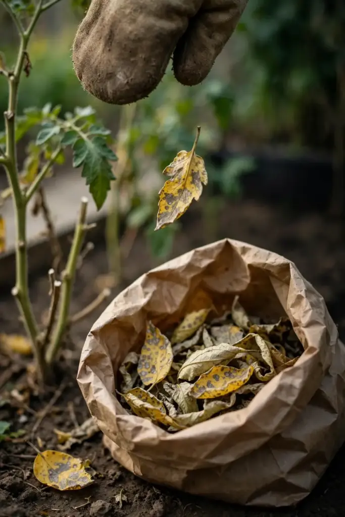 Worn garden mitt dropping spotted tomato leaves into a waste bag for disposal.
