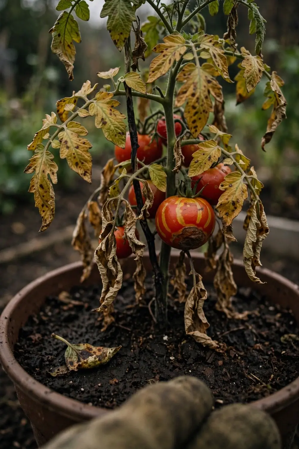 Tomato plant with bronzed leaves and ringspotted fruit from spotted wilt virus