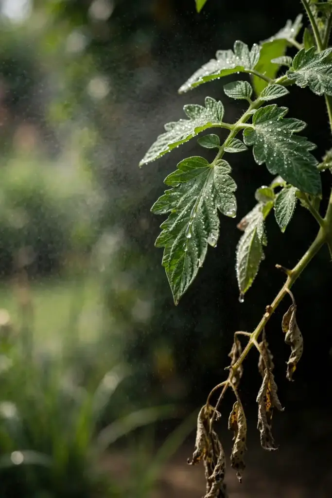 Protective spray droplets beading on healthy tomato foliage.