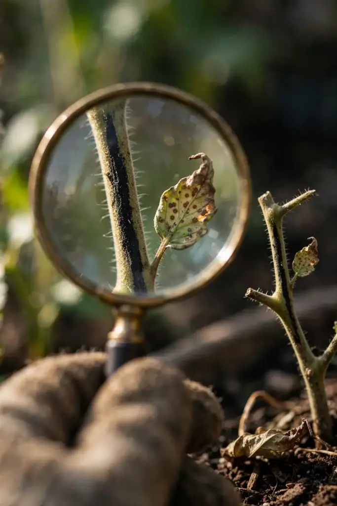 Magnifying glass over a tomato stem with black virus streaks.