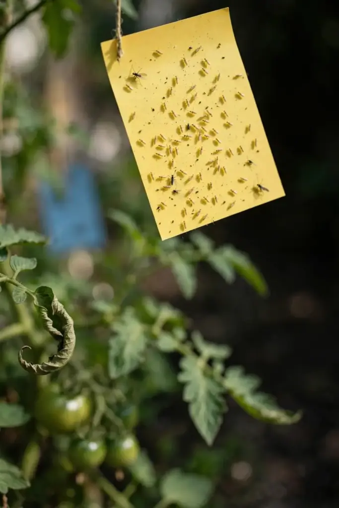 Yellow sticky card above tomato plants with tiny trapped thrips.
