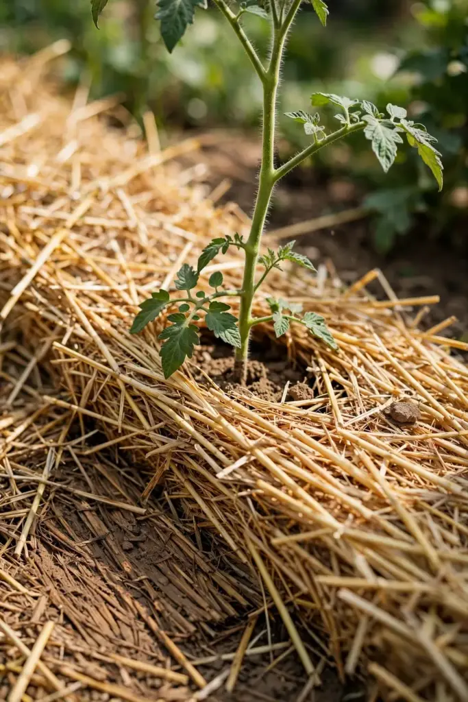 Straw mulch covering a tomato bed with a bare gap around each stem.