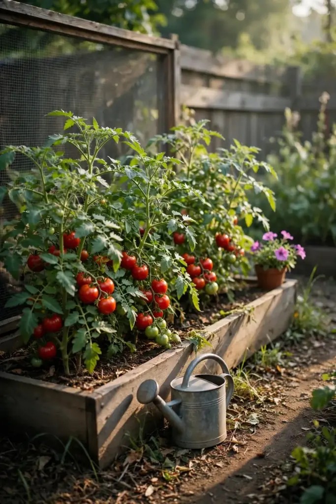 Thriving tomato bed in soft morning light with mesh screening behind.