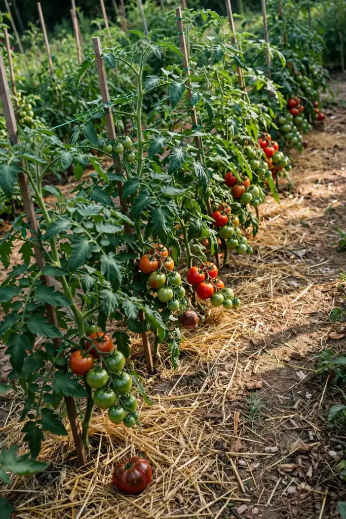 Thriving tomato garden with green plants, mulch, and ripening fruit in morning light.