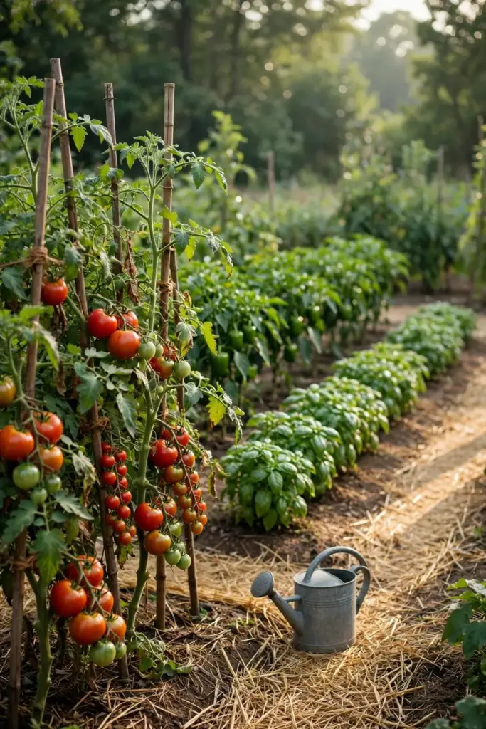 Thriving home vegetable garden with staked tomatoes in morning light.