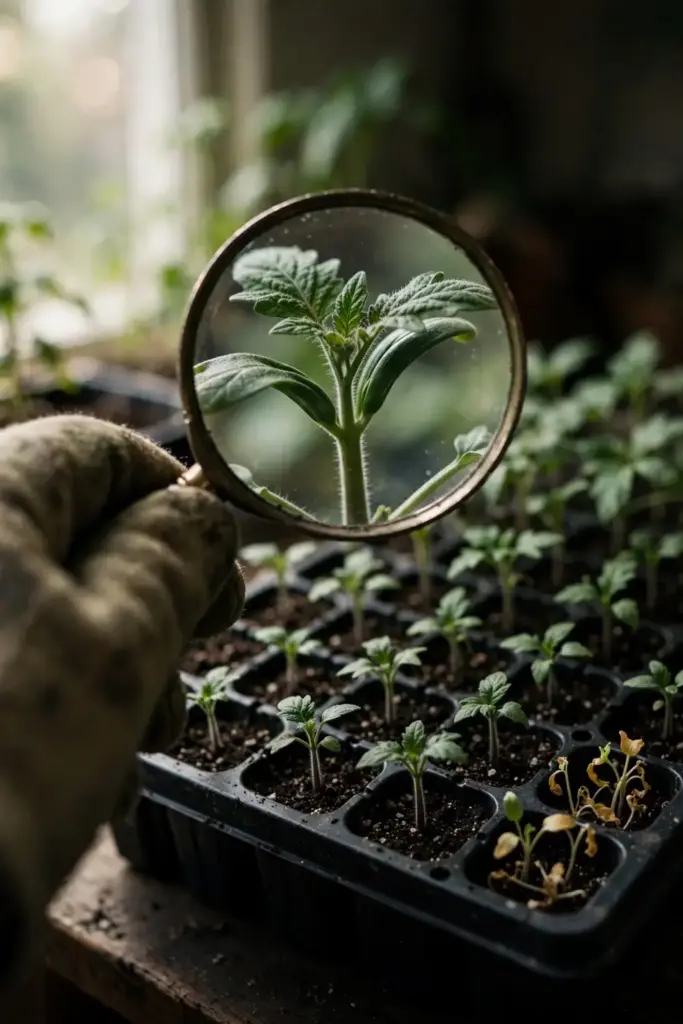 Magnifying glass inspecting healthy tomato seedlings in a sterile tray.