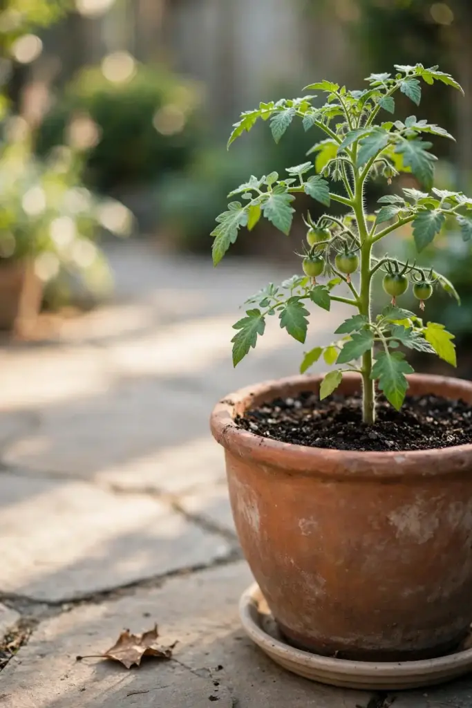 Tomato plant growing in a container with fresh sterile mix on a patio.