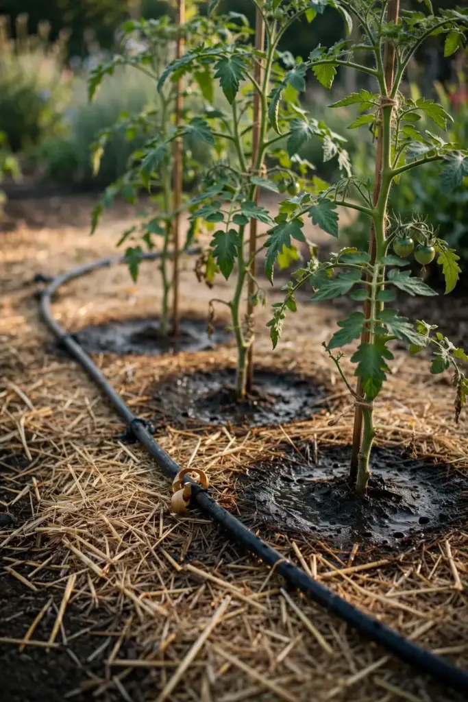 Drip irrigation line watering mulched tomato plants at the root zone.
