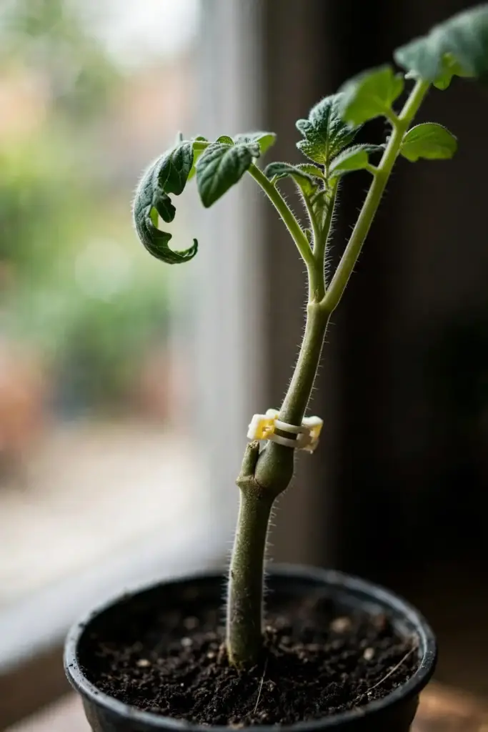 Grafted tomato seedling showing the swollen graft union and clip on the stem.
