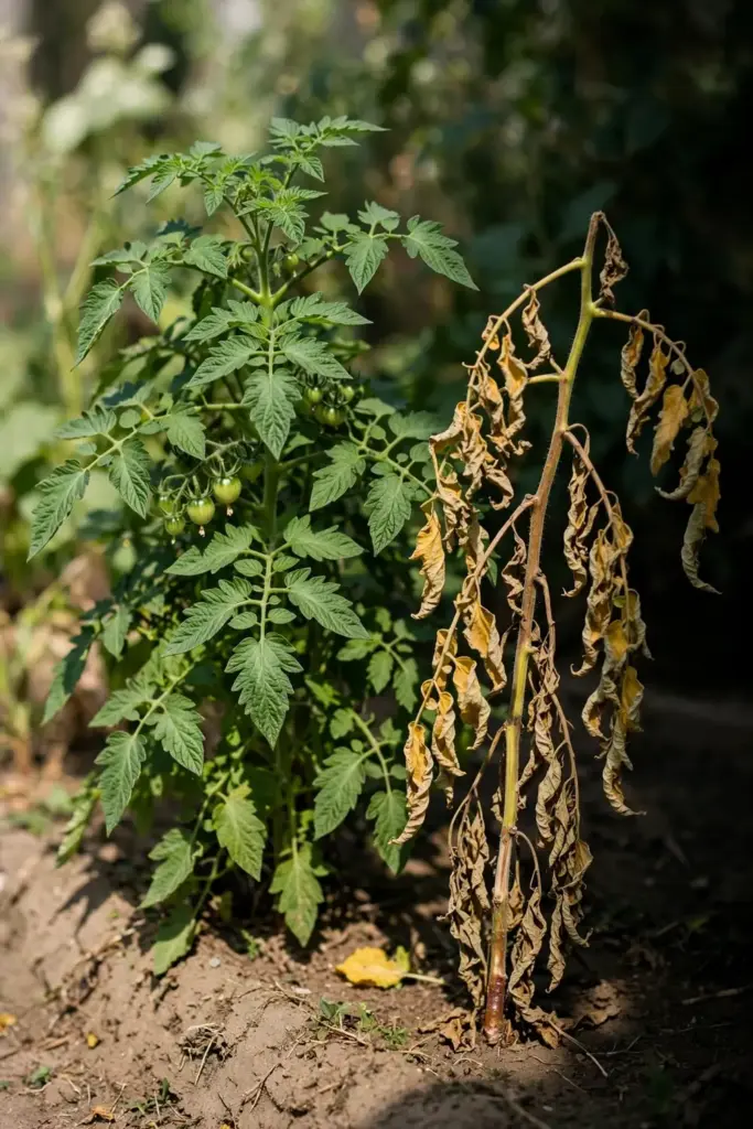 Healthy green tomato plant beside a wilted one for disease comparison.