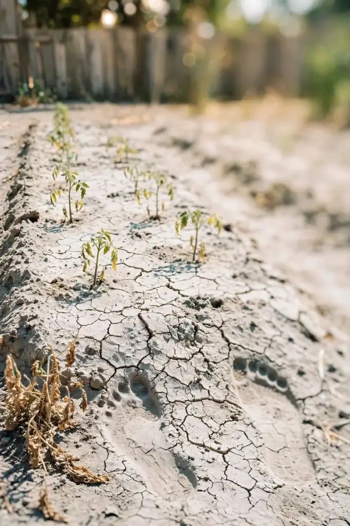 Dry cracked vegetable bed baking in midday heat, high Fusarium wilt risk.