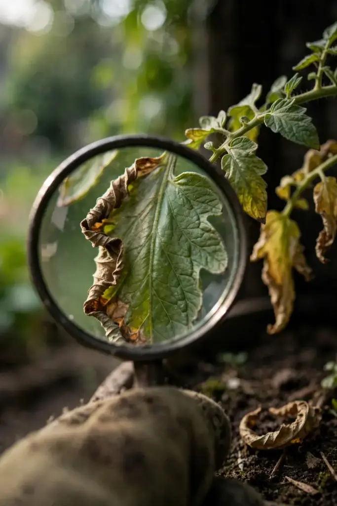 Magnifying glass over a tomato leaf wilting on one side from Fusarium wilt.