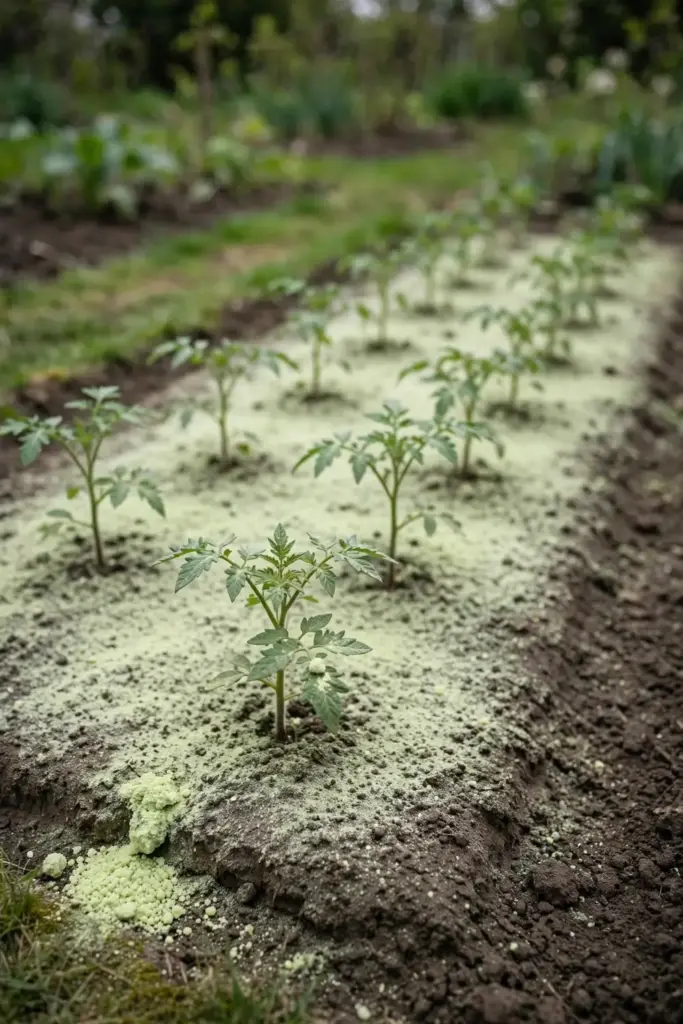 Vegetable bed dusted with pale lime powder around young tomato plants.