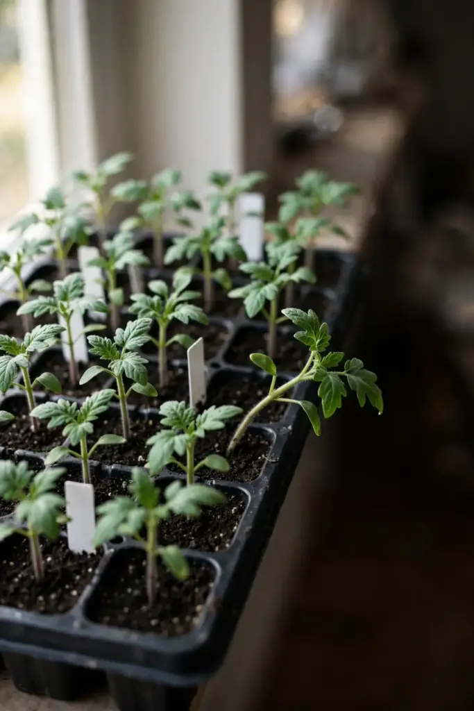 Tray of sturdy tomato seedlings with blank labels and sterile seed-starting mix.