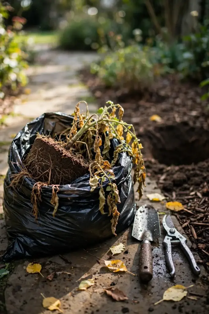 Pulled tomato plant in a trash bag beside a disinfected trowel and shears.