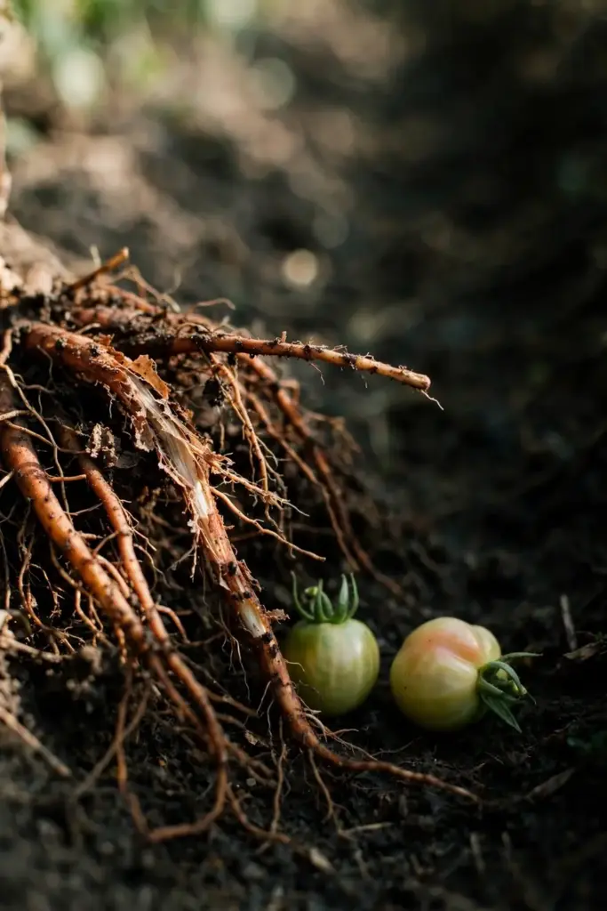 Washed tomato roots browned from the tips with small underripe fruit beside them.