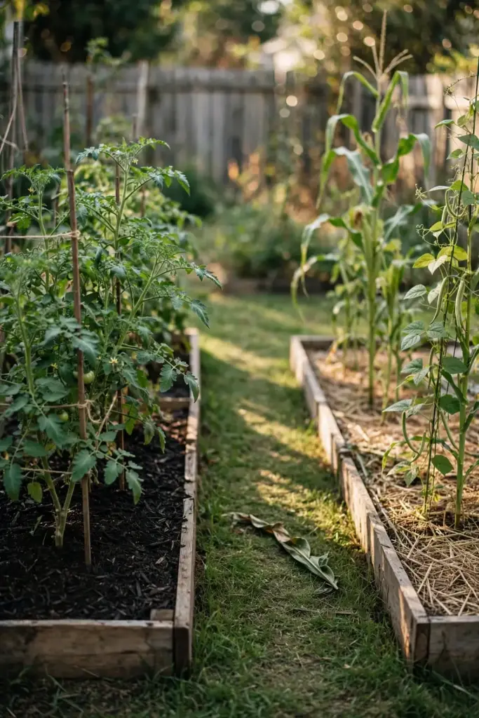 Two garden beds in rotation, tomatoes in one and corn with beans in the other.