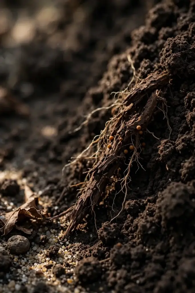 Extreme close-up of garden soil with decaying root fragments and resting spores.
