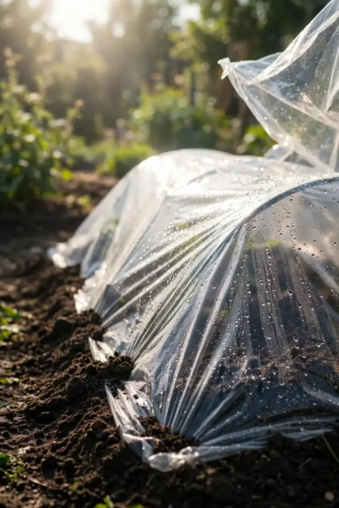 Vegetable bed covered with clear plastic sheeting for soil solarization.