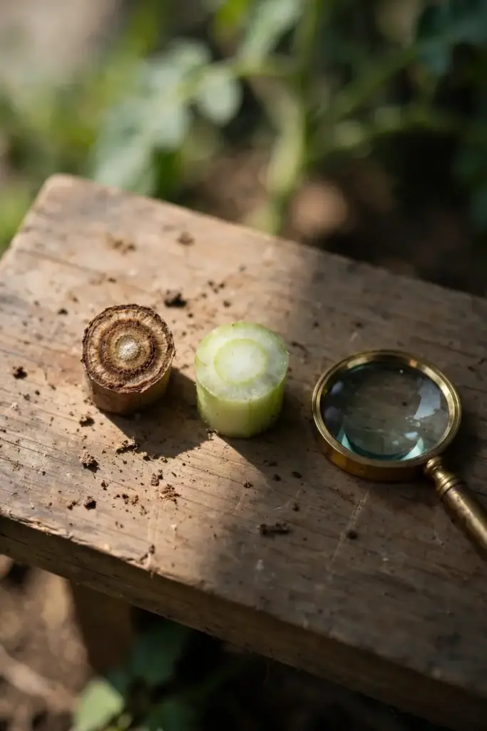 Two cut tomato stems compared, one with brown vascular ring and one healthy.