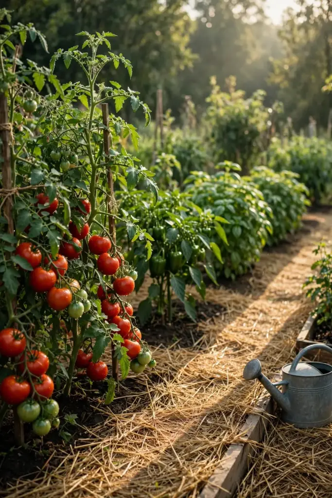 Thriving home vegetable garden with staked tomatoes in morning light.