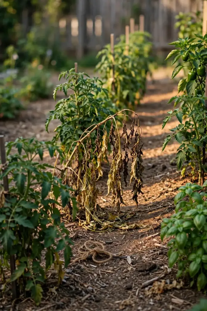 Row of tomato plants with one collapsed from Fusarium wilt among healthy ones.