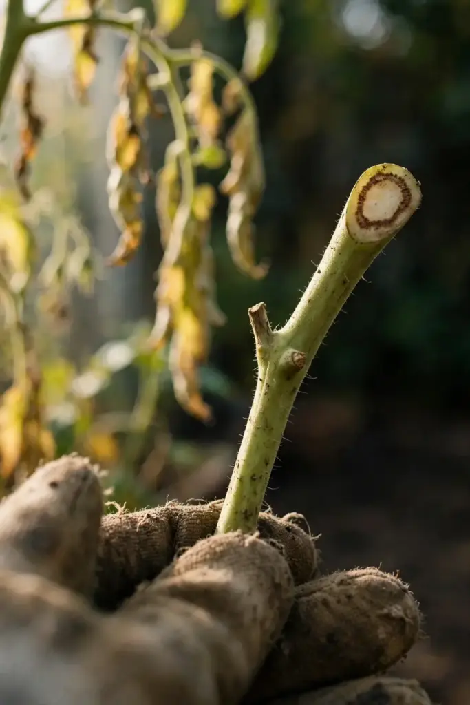 Cut tomato stem showing brown vascular ring, held for triage inspection.