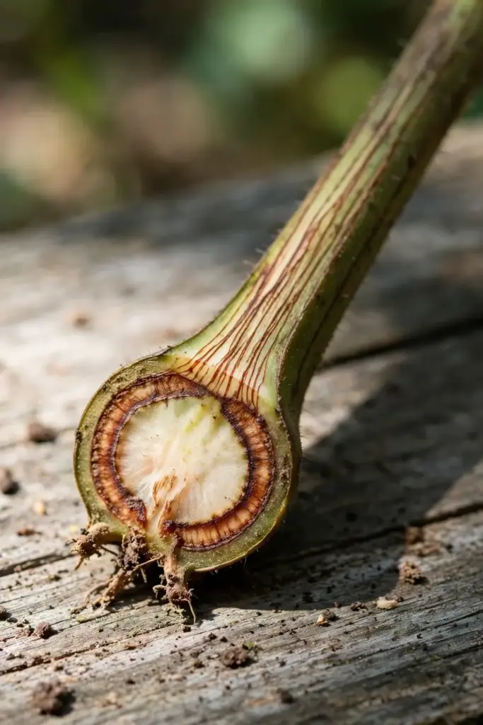 Cross-section of tomato stem showing the brown vascular ring of Fusarium wilt.
