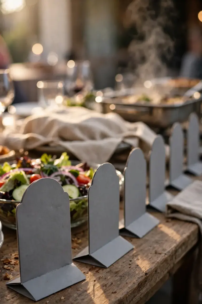 Tiny grey tombstone cards standing in front of serving dishes on a buffet table