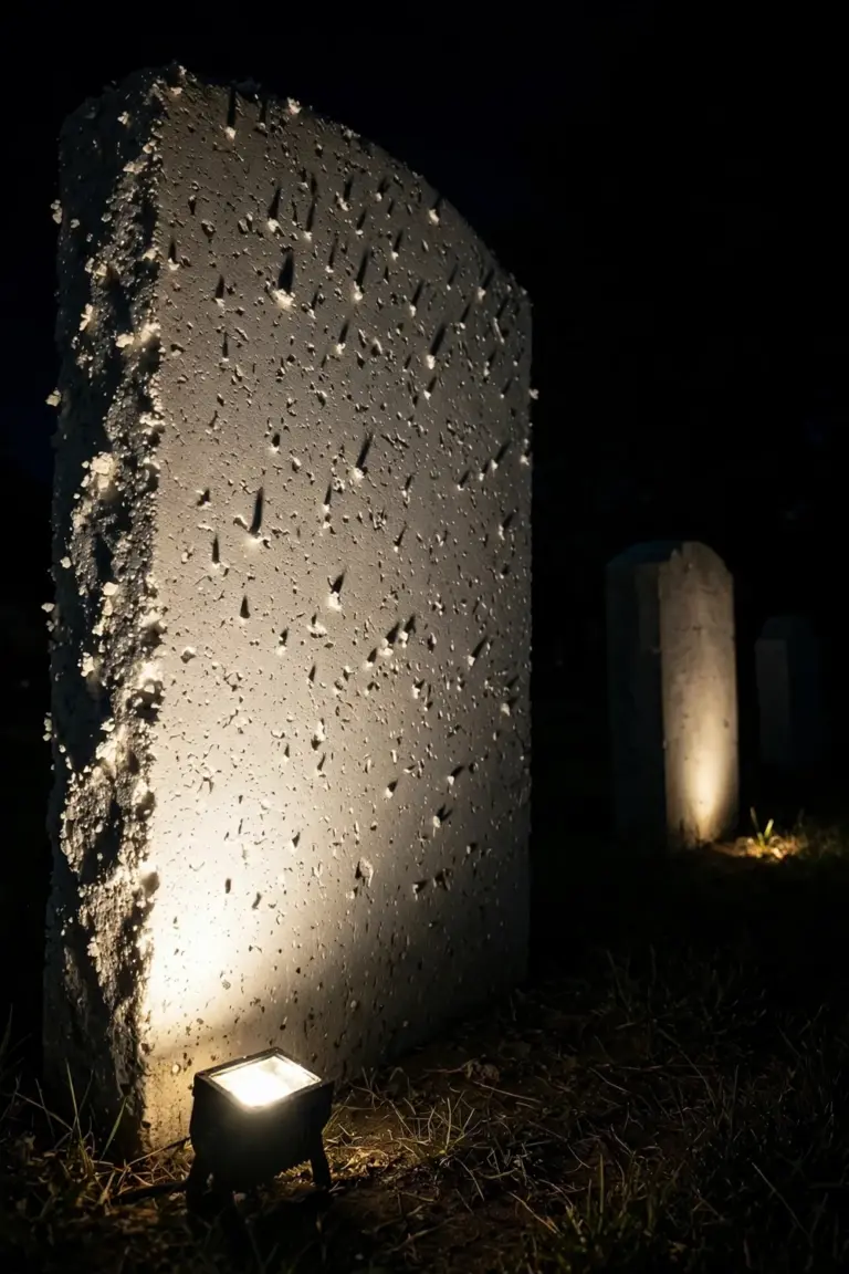 Foam tombstones lit hard from below by a ground spotlight at night