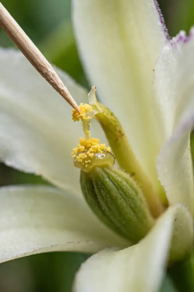 Toothpick lifting the rostellum to hand-pollinate a vanilla flower