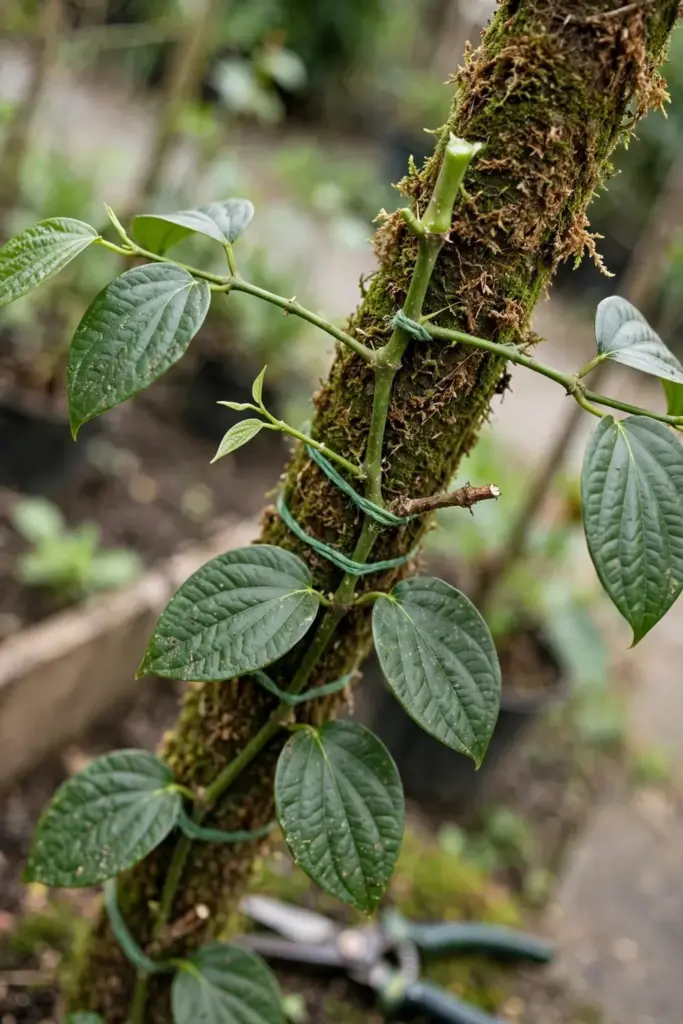 Javanese long pepper vine with topped main stem and lateral branches on a pole