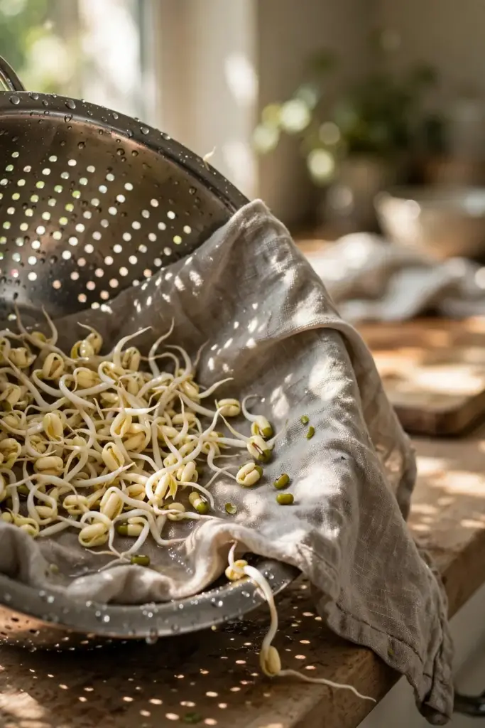 Mung bean sprouts in a single layer on a damp cloth in a colander