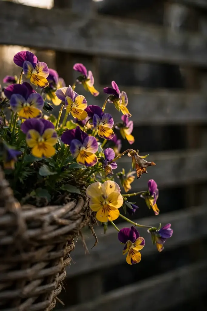 Trailing pansies cascading over a basket edge in fall