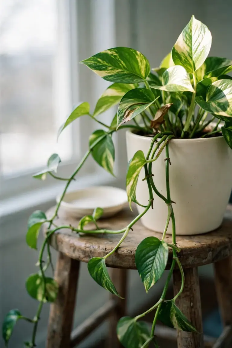 Trailing pothos in a styled ceramic pot near a bright window