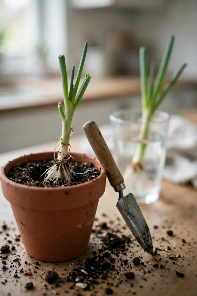 Rooted spring onion cutting being set into a pot of potting mix with a trowel beside it