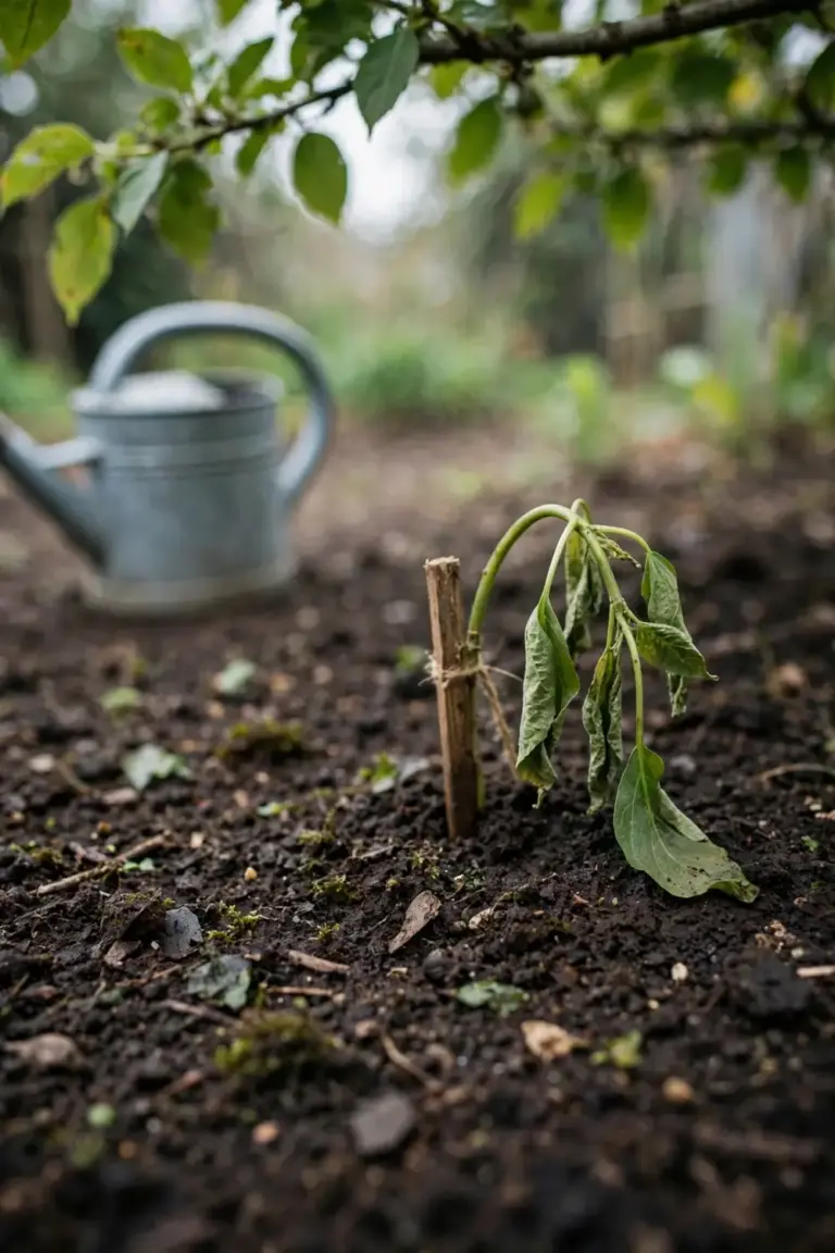 Wilting transplanted seedling in fresh soil under shade