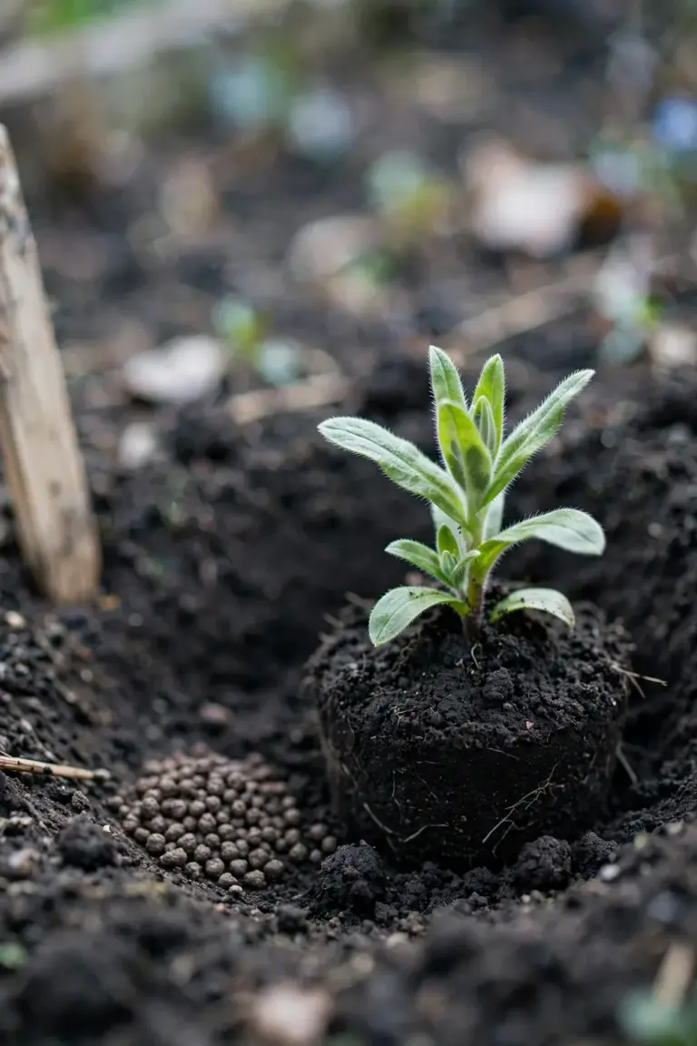 Young forget-me-not seedling just transplanted into garden soil