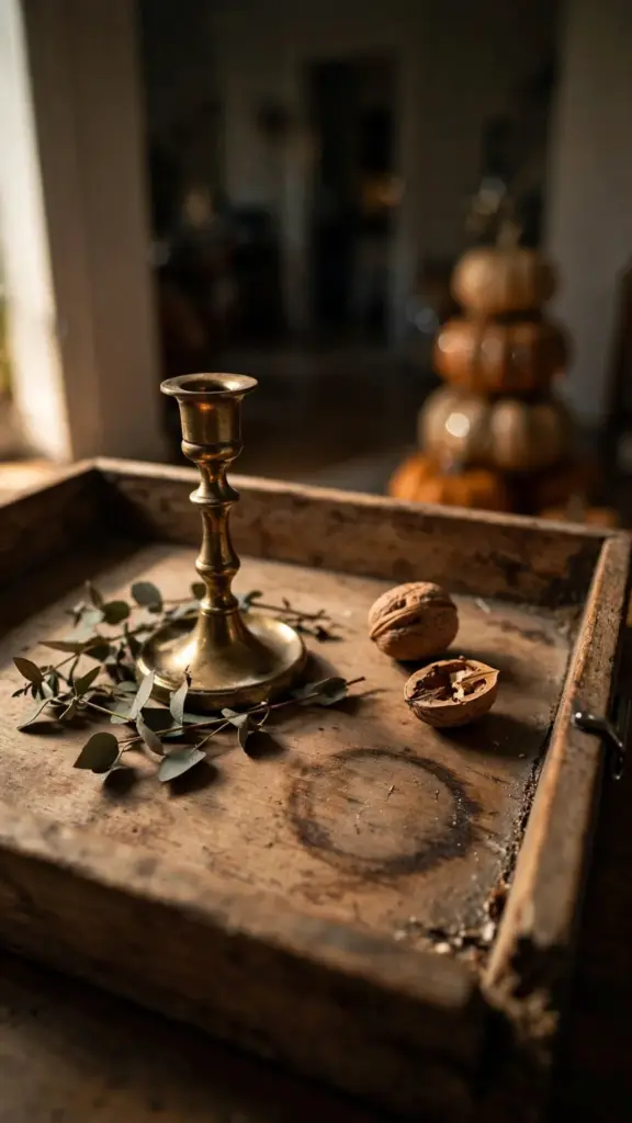 Tray vignette with one brass candlestick, eucalyptus, and walnuts