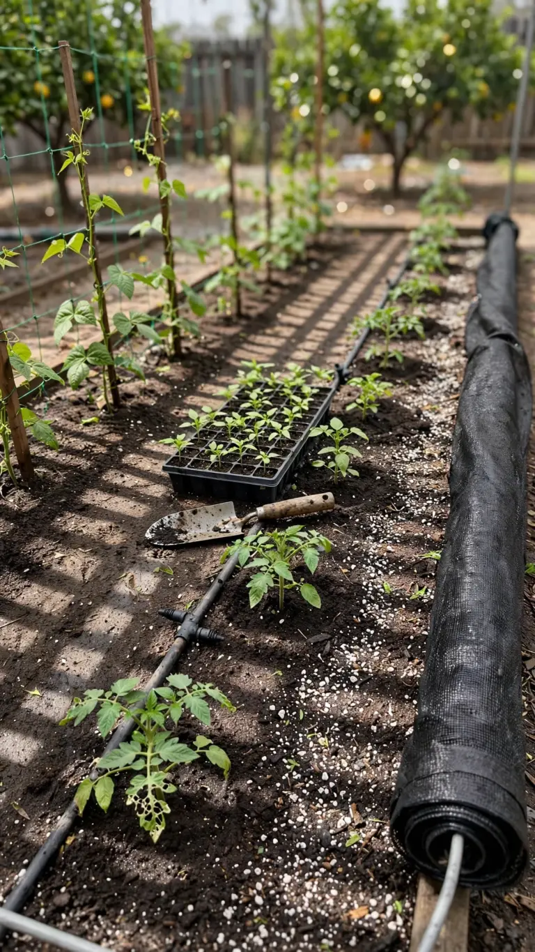 Tomato and pepper transplants going into a fall bed with shade cloth pushed aside
