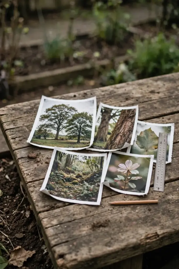 Five tree identification photos showing whole tree, bark, leaf, flower, habitat