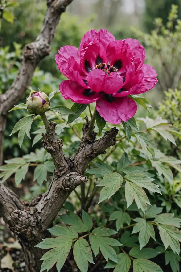 Tree peony bloom on woody stems with textured bark in a shrub border